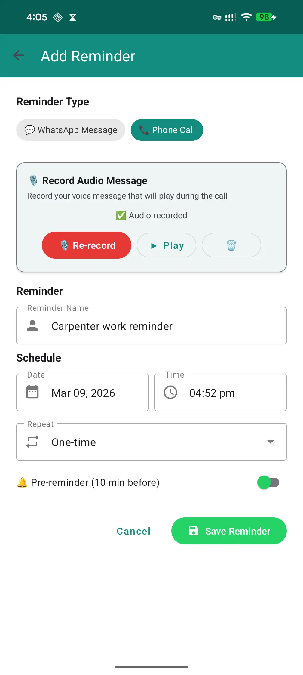 Setting Phone Call Reminder